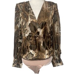 New Strut & Bolt Snake Print V-Neck Long Sleeve Bodysuit Brown Gold Size Large